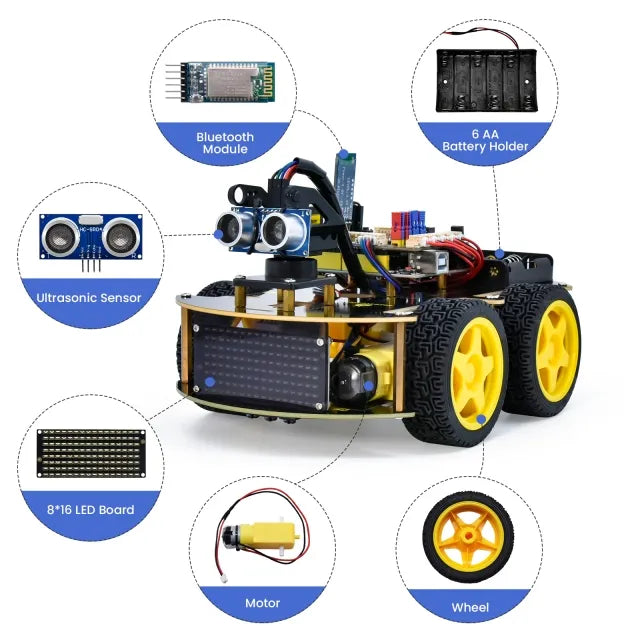 مجموعة أدوات DIY للسيارة الذكية متعددة الأغراض 4WD BT V2.0 متوافقة مع Arduino