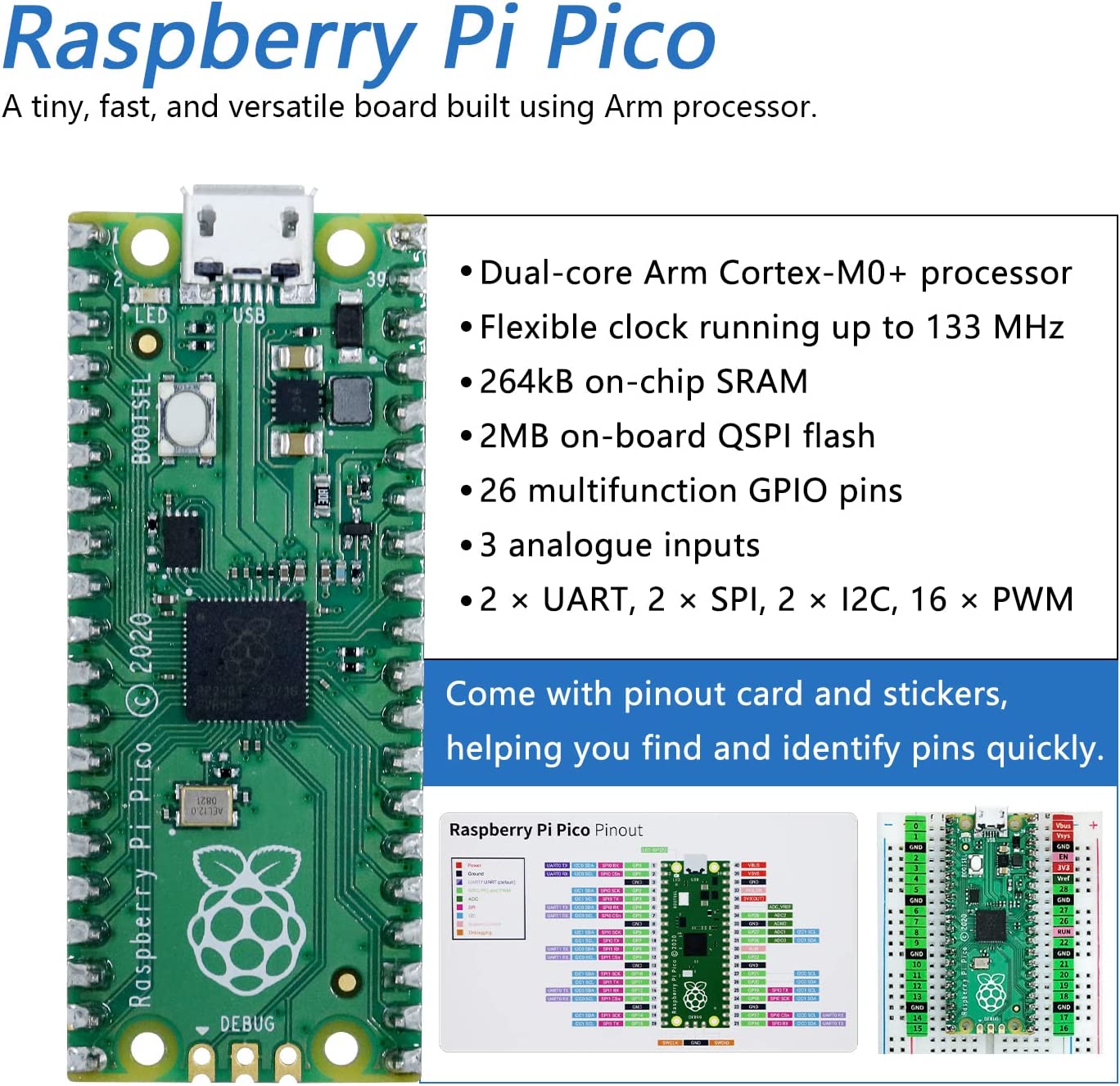 لوحة تطوير Raspberry Pi Pico لوحة متحكم دقيقة RP2040 Cortex-M0+ معالج ARM ثنائي النواة مع رأس دبوس ملحوم لأسفل + كابل USB