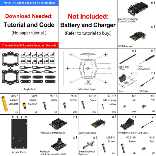 Hexapod Robot Kit with Remote Control, Manual and Sample Code FNK0031
