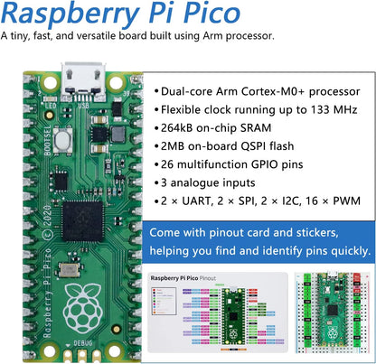 لوحة تطوير Raspberry Pi Pico لوحة متحكم دقيقة RP2040 Cortex-M0+ معالج ARM ثنائي النواة مع رأس دبوس ملحوم لأسفل + كابل USB